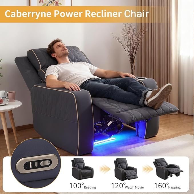 Caberryne Power Recliner Chair with LED Lights,Leather Reclining Couch with Storage Console/Arm Cup Holder for House/Home Theater/Small Space/Rv(Single Chair,Navy)