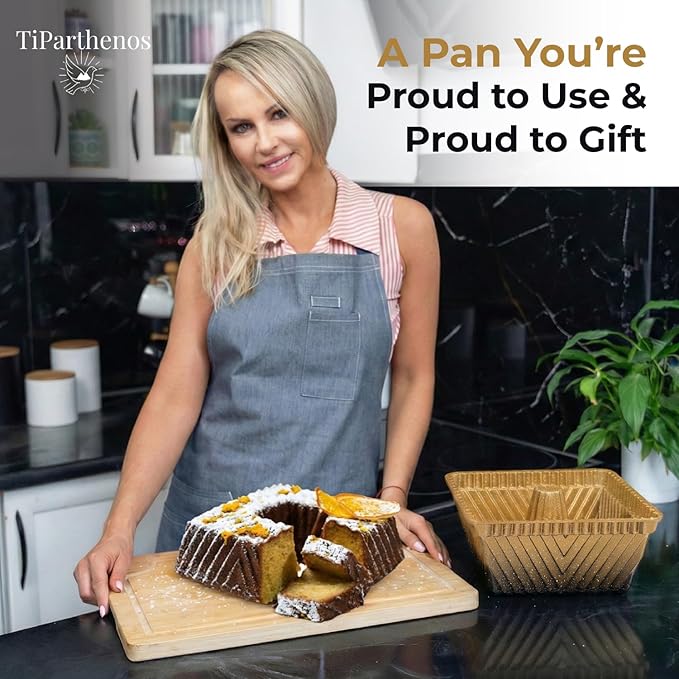 Square Fluted Tube Cake Pan, 10-Cup, Dual-Tone Gold & Black Shimmer Finish, Heavy Die-Cast Aluminum Nonstick Bakeware, 8.5-Inch Decorative Cake Mold, Easy Reales, Gift-Ready Box
