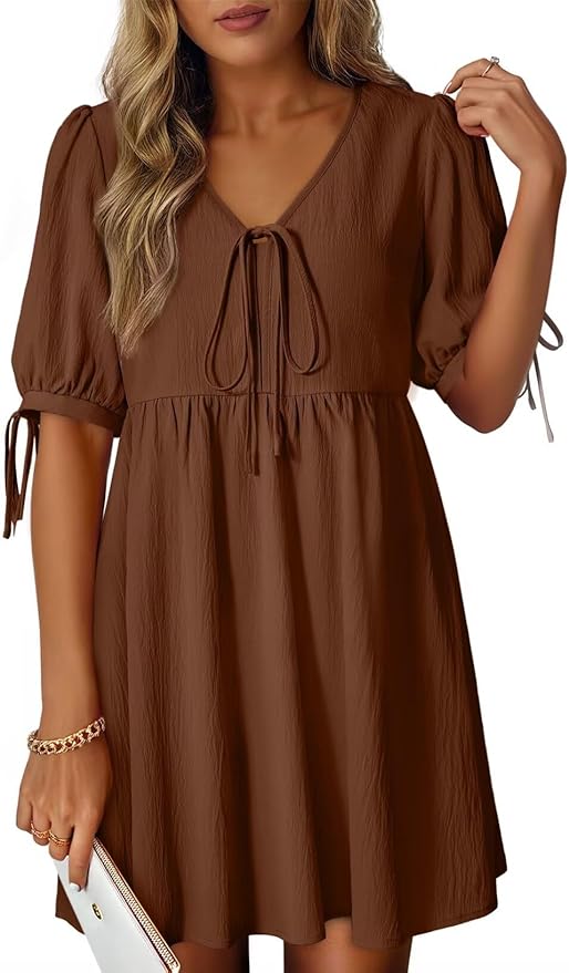 Dokotoo Summer Dresses for Women 2026 Casual V Neck Bow Tie Short Sleeve Empire Waist A-Line Mini Dress