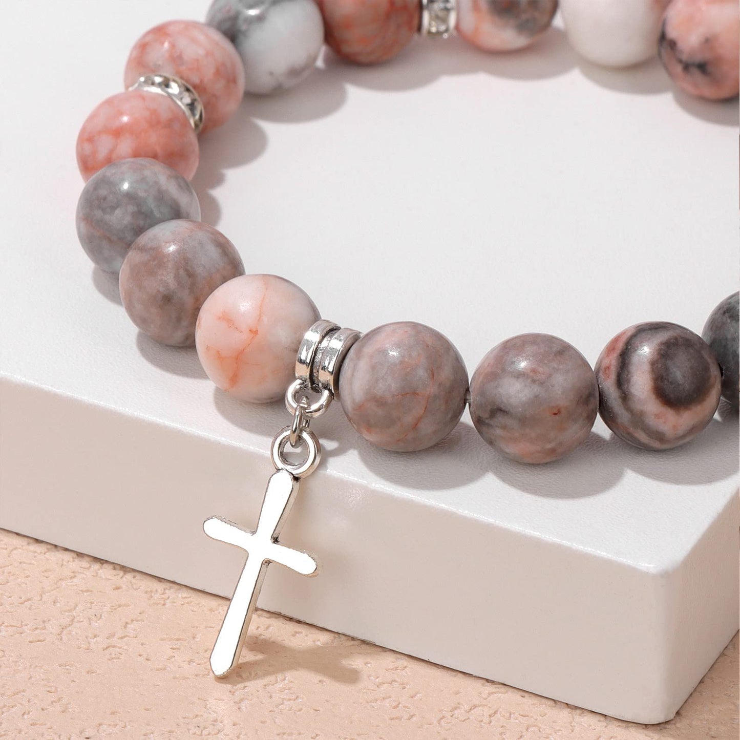 GolbalJew Healing Bracelet for Women Anxiety Cross Pendant Beaded Bracelets Pink Zebra Stone Jewelry Stress Relief Yoga Beads Br