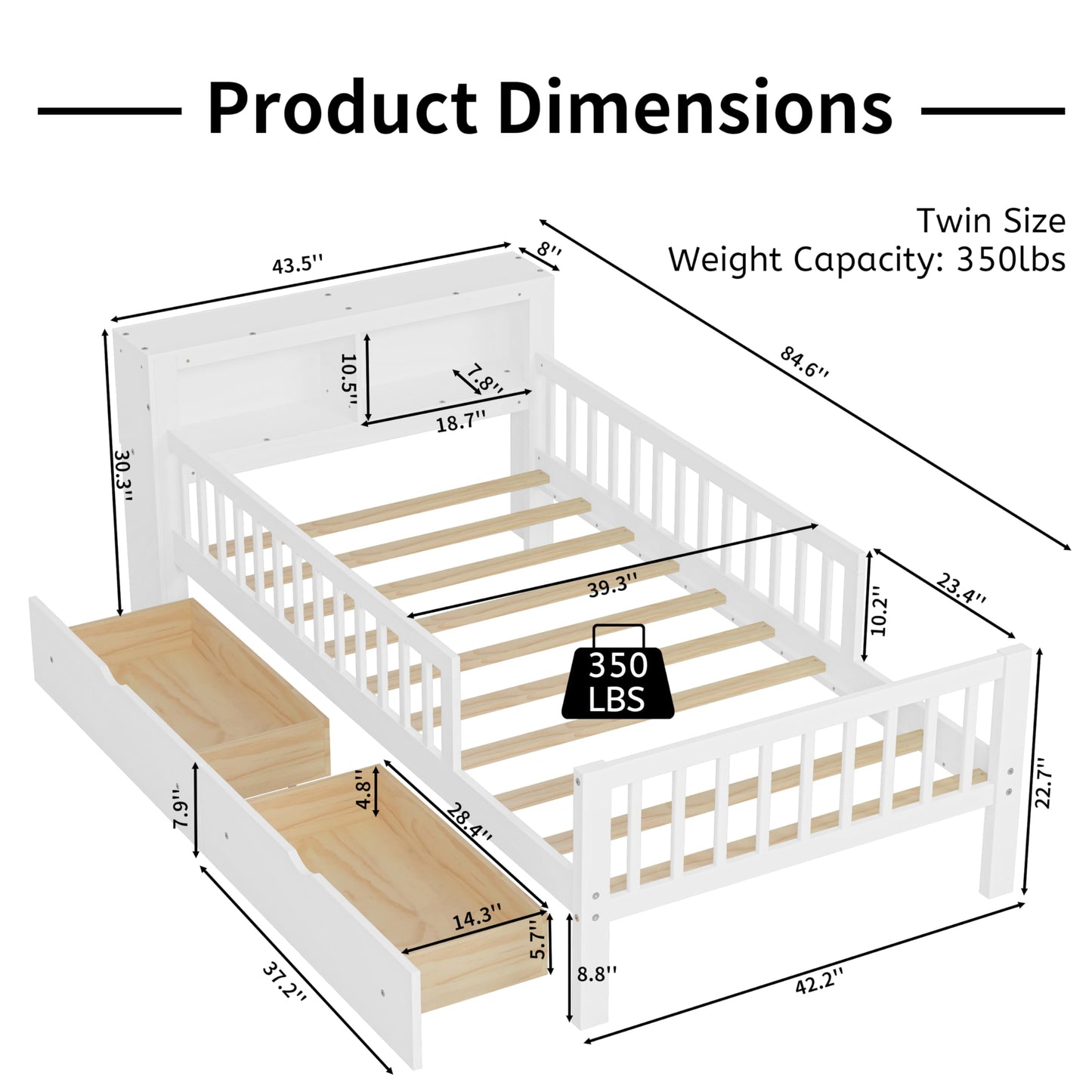 Bellemave Kids Twin Bed Frame with Storage Headboard, Wooden Platform Bed with 3 Side Guardrails and 2 Drawers, Twin Size Bed Frame, No Box Spring Needed, Low Daybed for Kids, White