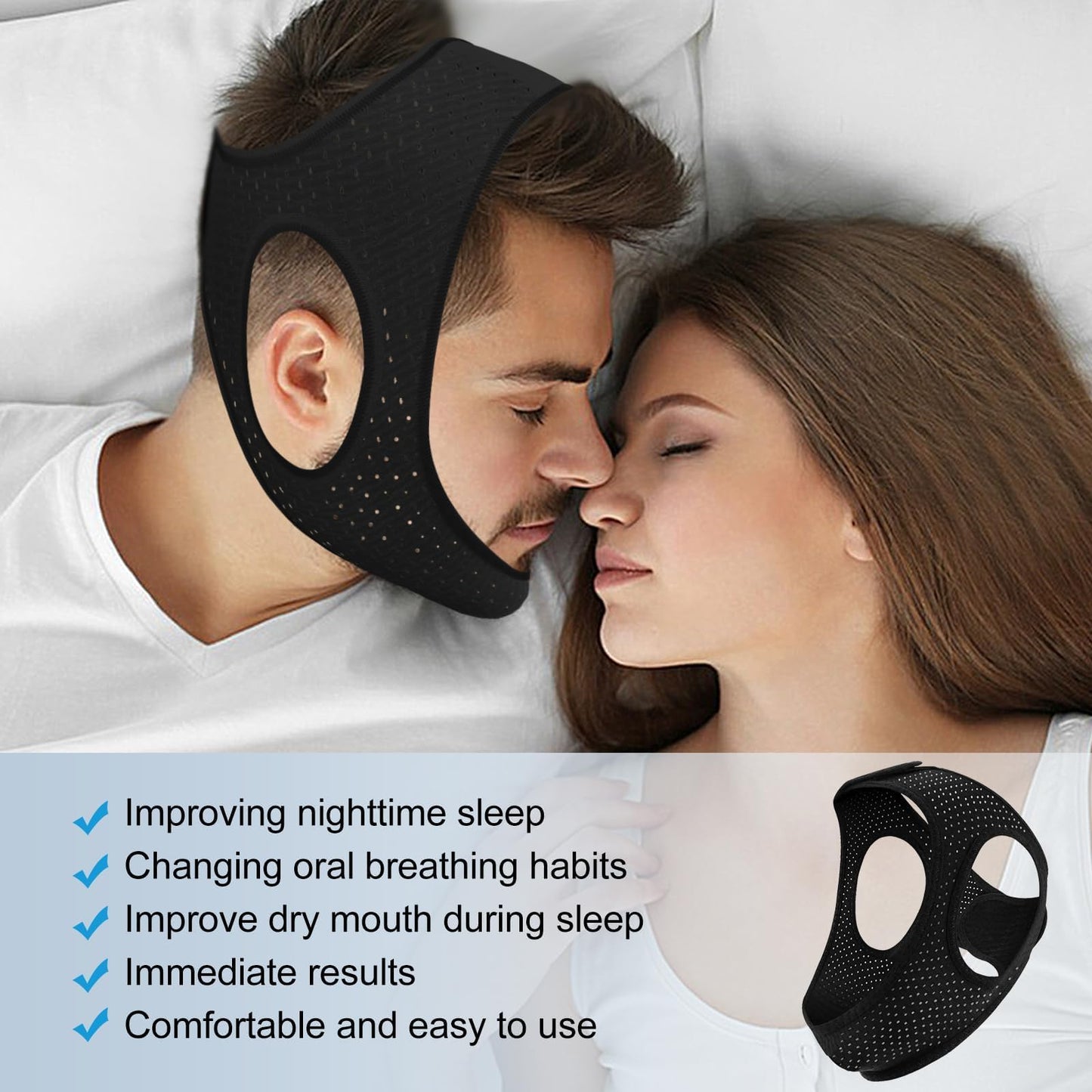 Anti Snoring Devices - Chin Strap for Sleeping - Simple and Effective Stop Anti Snoring Chin Strap - Adjustable Airflow Jaw Strap - Snoring Solution for Women and Men - Black7AB