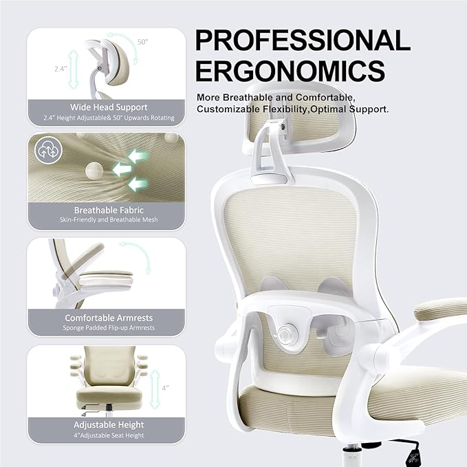 TUKAKA Ergonomic Office Chair,Ultra Thick Office Desk Chair with Adjustable Lumbar Support and Headrest,Spring Cushion,Rocking Function,Flip-up arms,Mesh Computer Chair for Home Office,Khaki