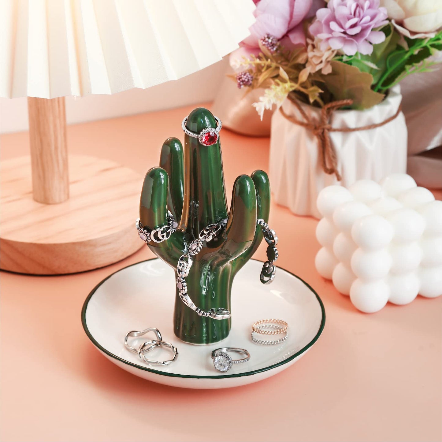 PUDDING CABIN Cactus Ring Holder Green Jewelry Dish for Rings Earrings Bracelets Necklace Organizer, Cactus Gift for Women Birth
