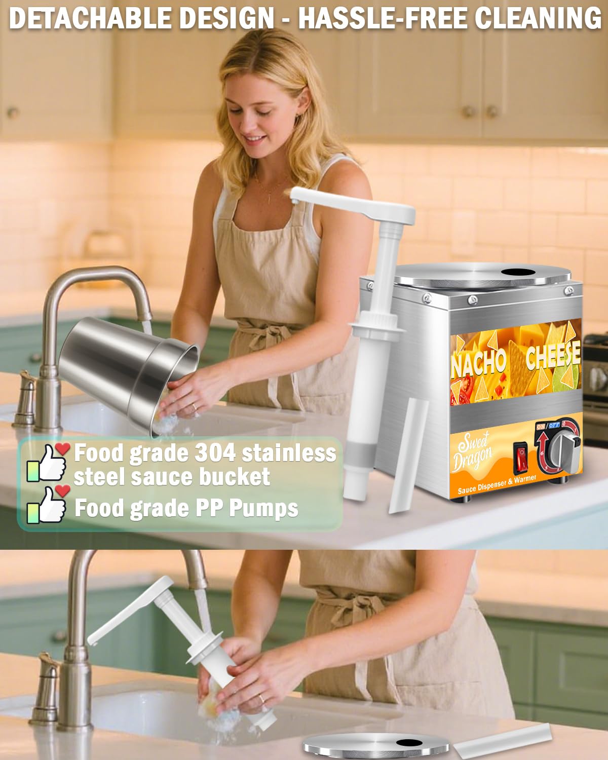 Nacho Cheese Dispenser, 4.6 Qt Nacho Cheese Dispenser with Pump, Stainless Steel Hot Fudge Cheese Warmer W/6-Level Temperature Adjustment, Commercial Sauce Dispenser for Butter Syrup Caramel
