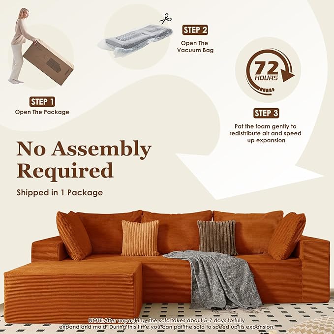 INGEROOM 108" Cloud Sectional Couch with Deep Seat, Modular Sofa Memory Foam, Boneless Sofa with Movable Ottoman, Upholstered Couches for Living Room Bedroom, No Assembly Required, Orange