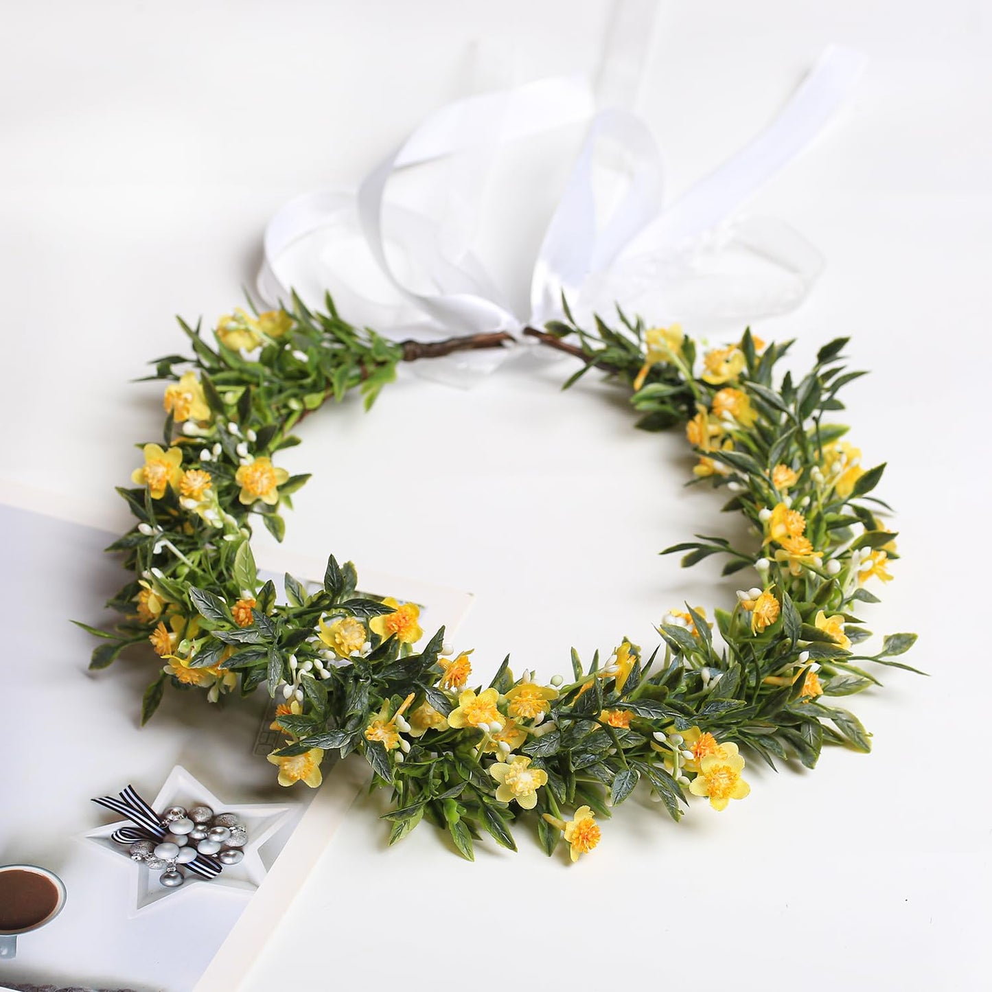 Yili Maizi Women Girls Flower Crown Green Leaves Flower Headband Renaissance Floral Headpiece Hair Wreath for Bridal Maternity V