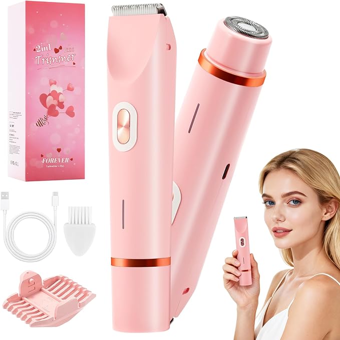 2 in 1 Women Electric Shaver Dual Head Bikini Trimmer for Women IPX7 Waterproof Wet & Dry Use Body Hair Trimmer and Facial Hair Remover for Bikini Underarm Leg Arm Body Face