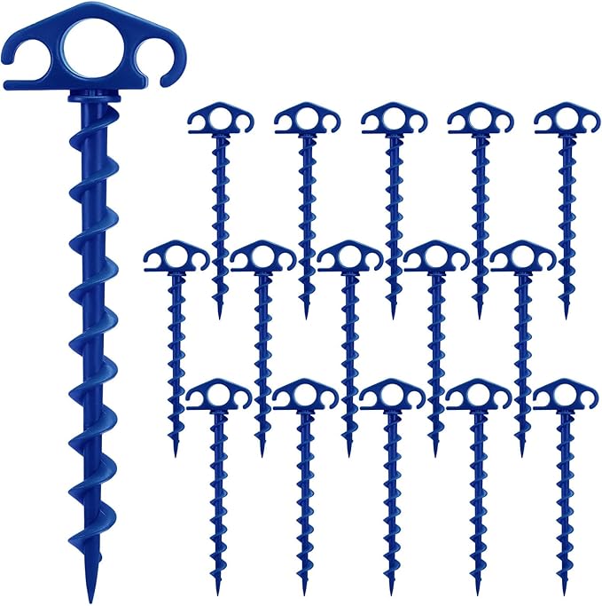 COBARYEN Tent Stakes Ground Anchors Screw in, 16 Pack Sand Stakes for Beach 9.4 Inch Heavy Duty Spiral Tent Pegs for Camping, Party, Hiking, Outdoor Decoration (16, Blue)