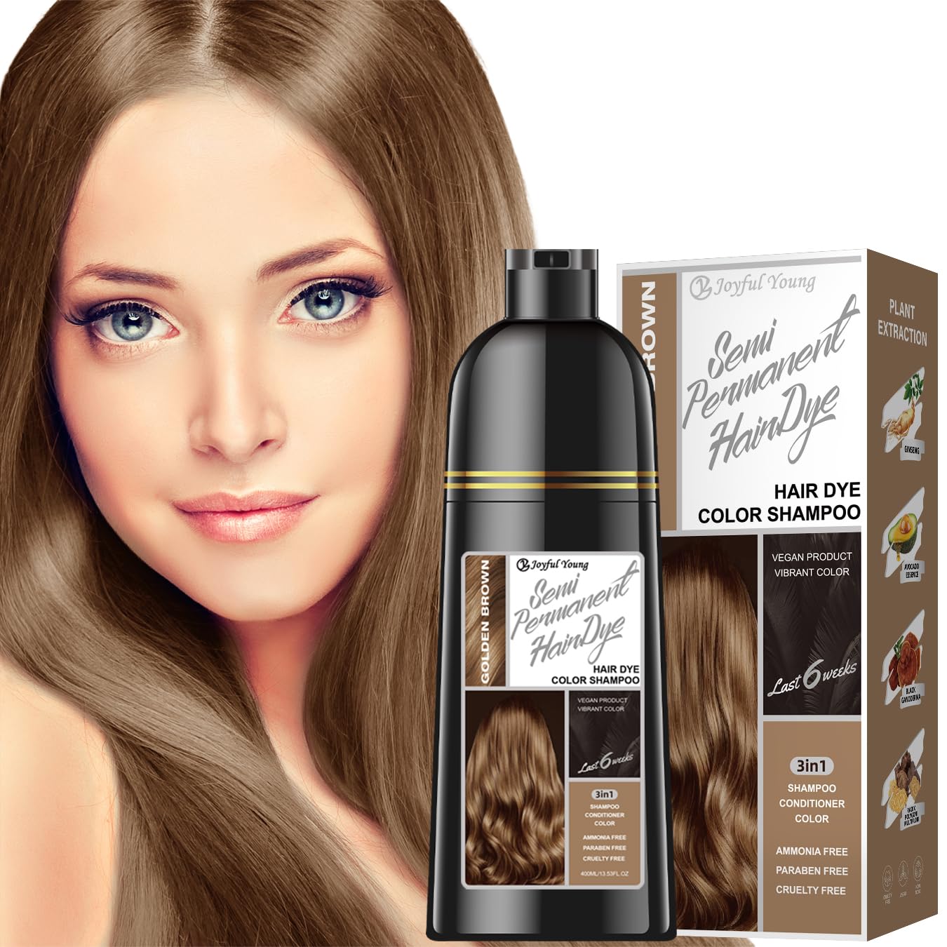 Joyful Young Natural Color Hair Dye Shampoo 3 IN 1, Instant Hair Coloring, Gray Coverage for Men & Women, Beard Dye Vegan Ammoni