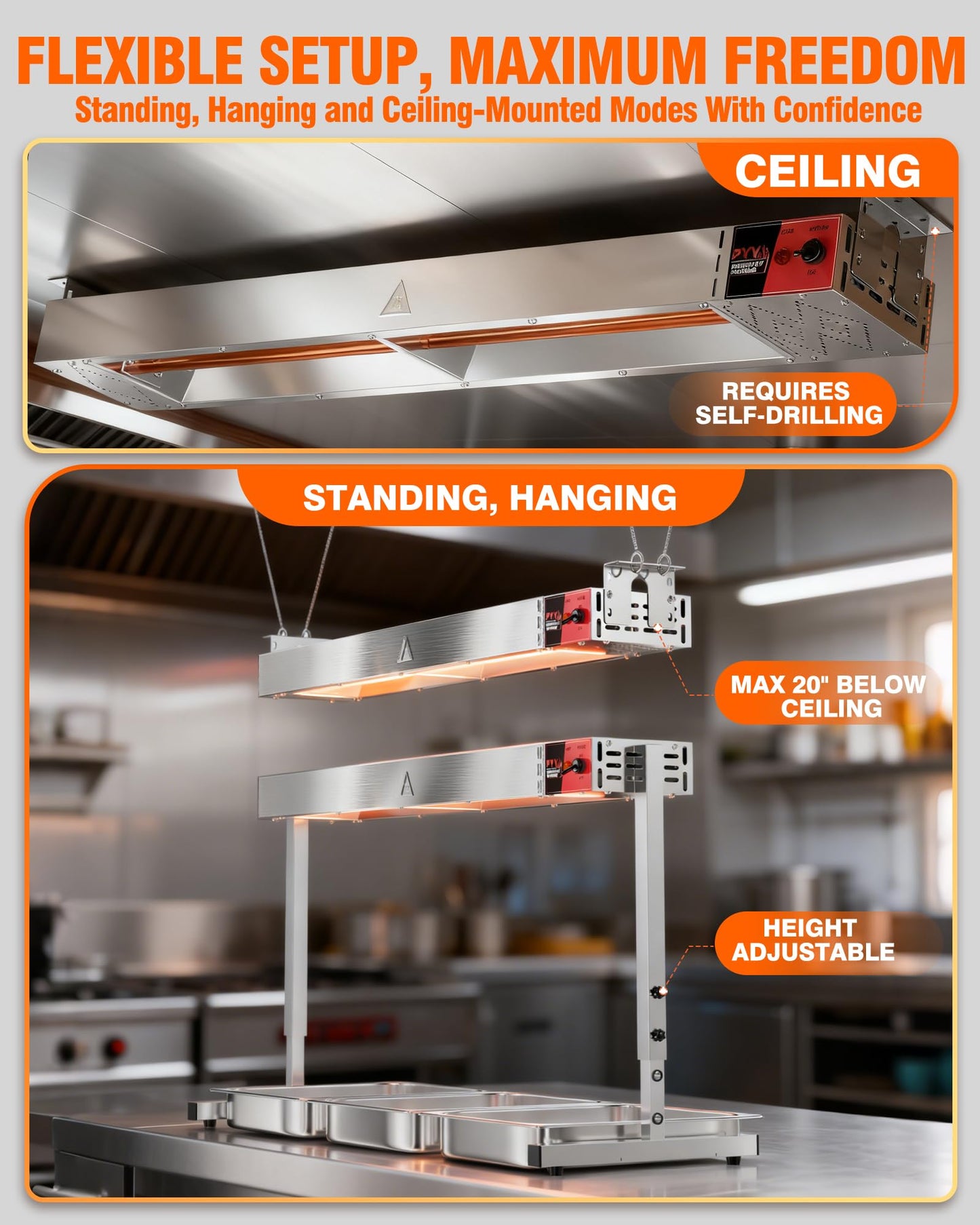 PYY Commercial Food Heat Lamp - 36‑Inch 1050W Stainless Steel Stand or Hanging Mode Food Warmer Lamp, 110V Electric Strip Heater Overhead Lighting for Cafeteria, Buffet & Kitchen Counter