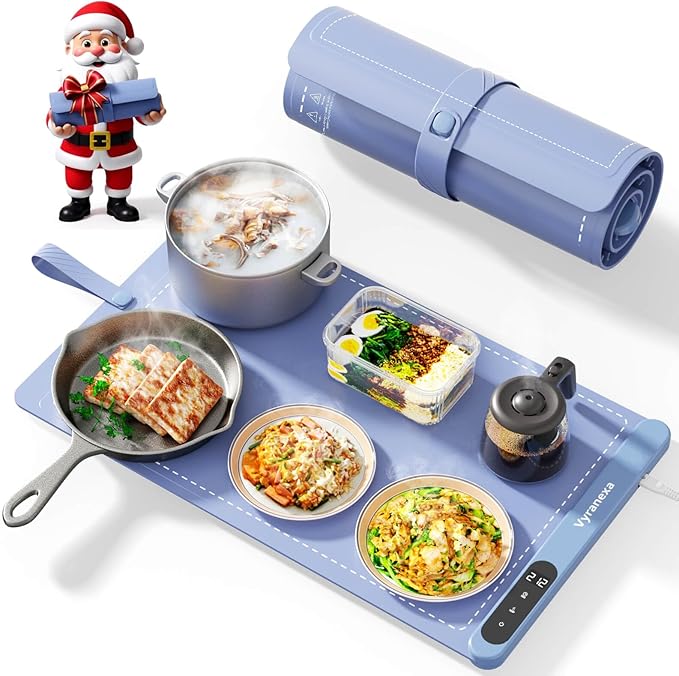 Food Warming Mat for Food, Upgrade High-tech Graphene Heating with 6-Level Adjustable Temperature and 6-Hour Timer, Silicone Roll Up Food Warming Tray, Portable for Parties (Light Blue, Large)