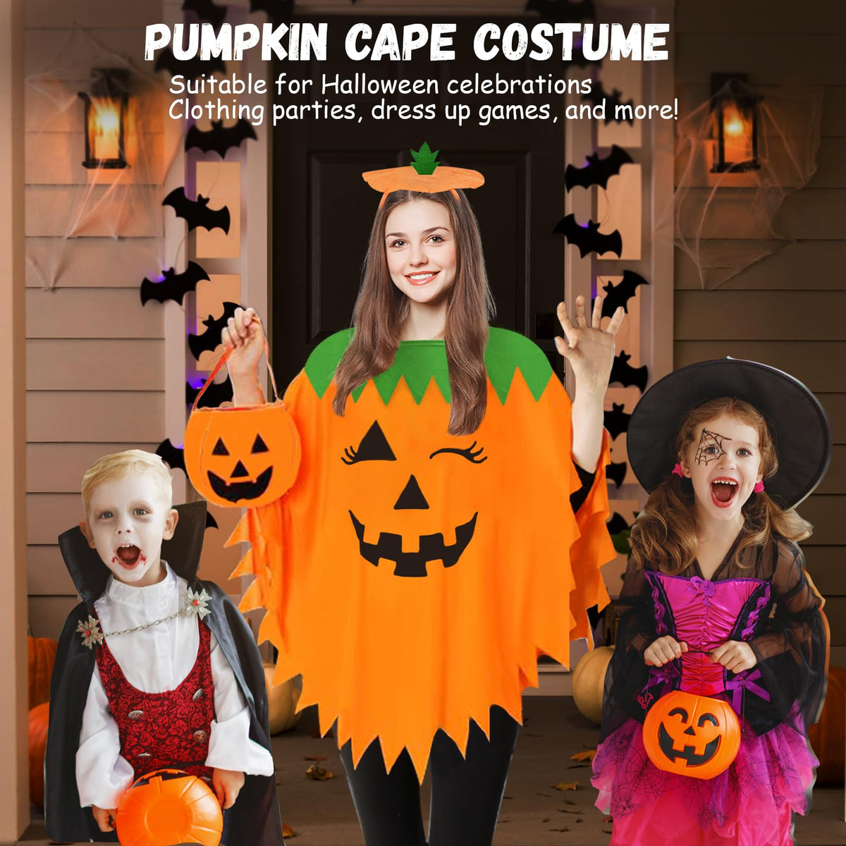 AOLIUP Halloween Pumpkin Costume for Women: Funny Adult Pumpkin Poncho Costumes for Halloween Cosplay Party Clothes with Headband Bag