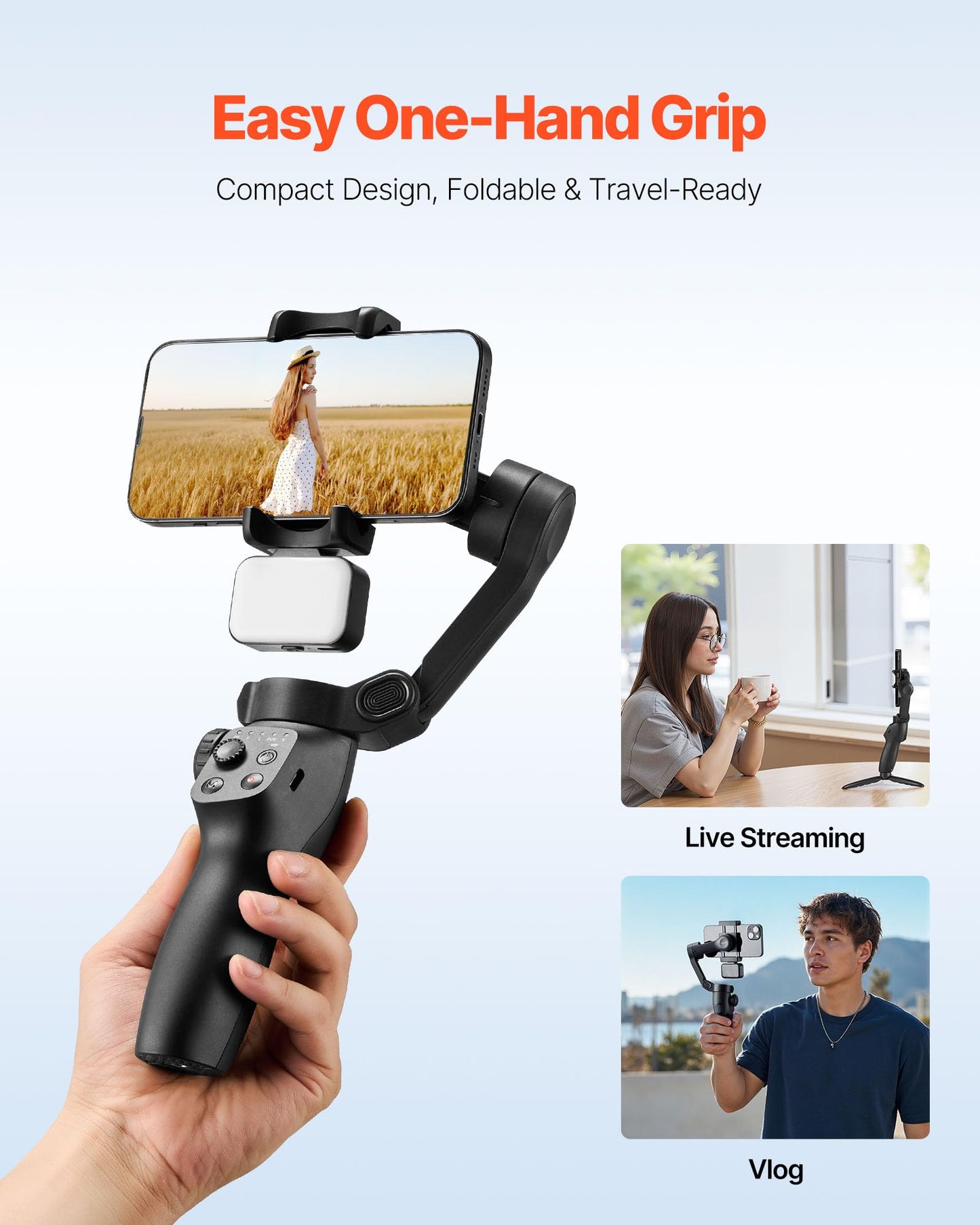 Vevor Gimbal Stabilizer For Smartphone, 3-Axis Stabilization, Phone Gimbal For Android & Iphone With Magnetic Fill Light, Face T