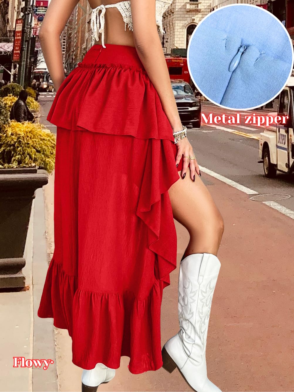 EHSUYAB Womens Renaissance High Low Skirt, Boho Flowy Asymmetrical Ruffle Pirate Skirts, Steampunk Festival Concert Outfits Red Small