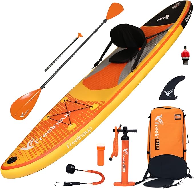 Freein Inflatable Paddle Board 10'6"/11',Capacity 2-in-1 SUP/Kayak with Adjustable Seat,Electric Pump Adapter,Non-Slip Dia...
