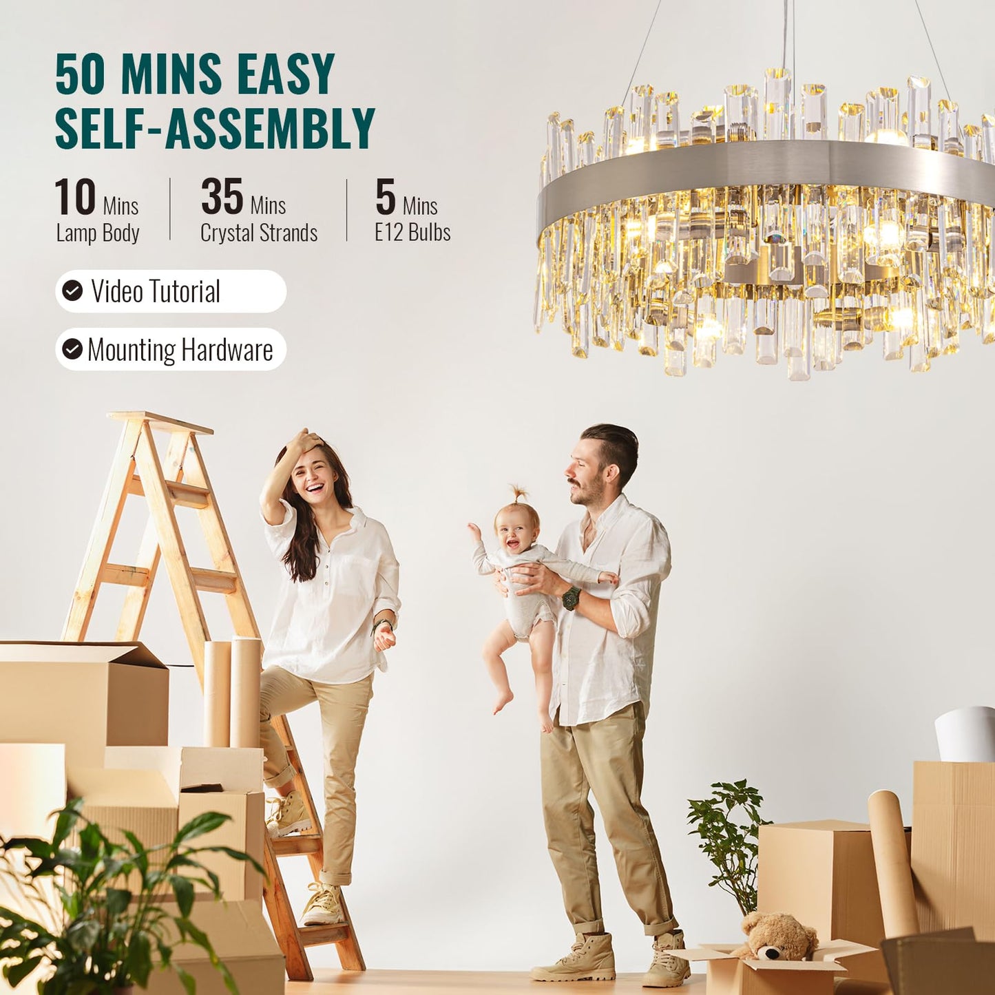 Siljoy Modern Crystal Chandelier 12-Light Brushed Nickel Luxury 2-Tiers K9 Crystal Raindrop Chandelier Dimmable Crystal Ceiling Light for Dining Living Room Kitchen Entryway Foyer D23.6''