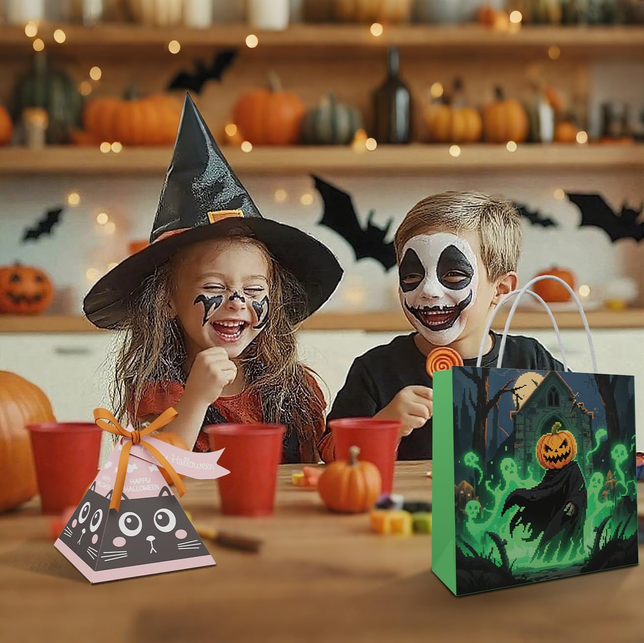 Giphtkom 24PCS Cute Halloween Candy Boxes for Trick or Treat, Enlarge Design Snacks Goodie Boxes, 4 of Cute Pumpkin Ghost Zombie and Cat Patterns for Kids Halloween Party Favor Supplies