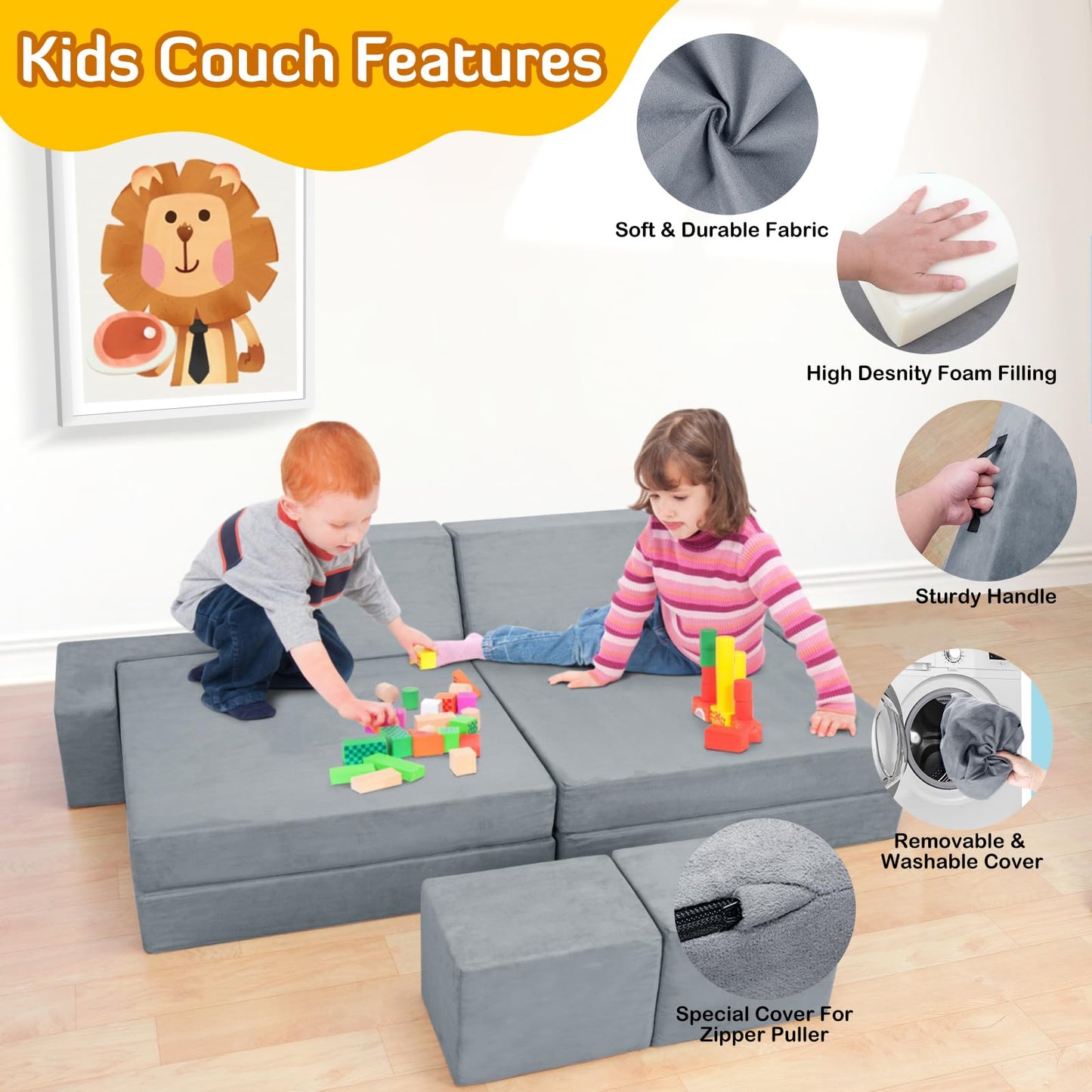 INFANZIA 16PCS Kids Play Couch, Modular Toddler Foam Sofa for Teens, Child Sectional Sofa Furniture for Playroom Bedroom, Couch Gift for Imaginative Boys and Girls