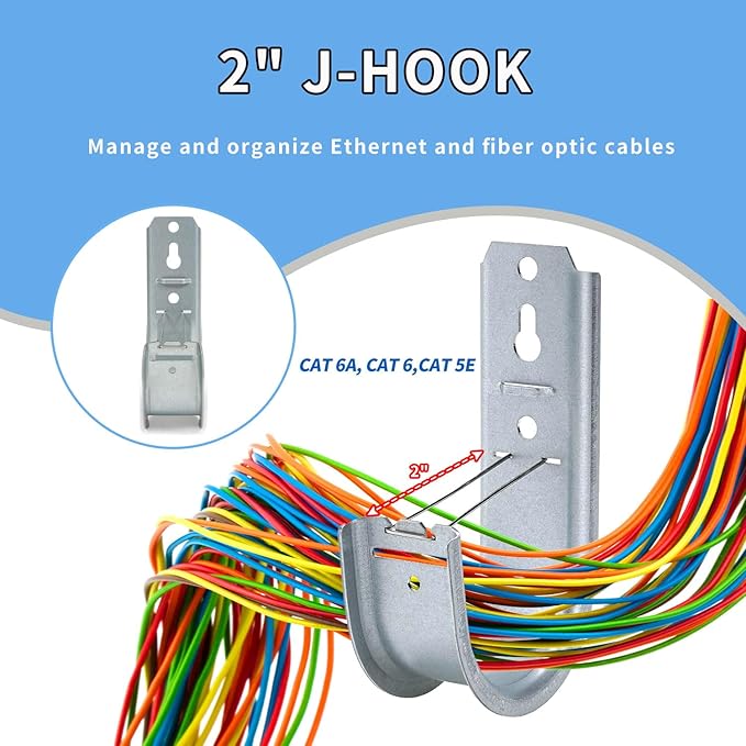 100 Pack 2-Inch Galvanized Steel Cable Support J-Hooks with Retainer Clips - Heavy Duty Wall Mount Cable Management Hooks for Structured Cabling & Organization