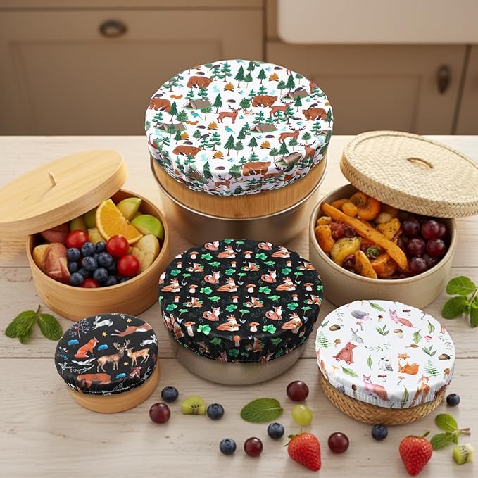 Patelai 10 Pcs Bowl Covers Reusable in 5 Size Stretch Cloth Fabric Elastic Food Storage Bowl Covers Bread Sourdough Lids for Proofing Food Fruits Leftover(Black, White, Brown, Green,Animal Style)