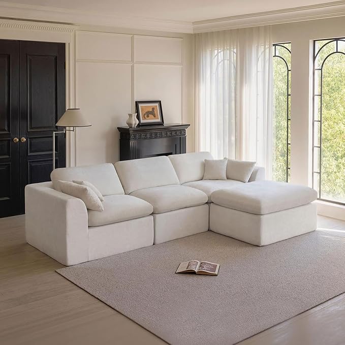 115''Cloud Sectional Couch, Modern L-Shape Sofa with Ottoman, Oversized Convertible 3 Seater Modular Couches for Living Room, Warm White