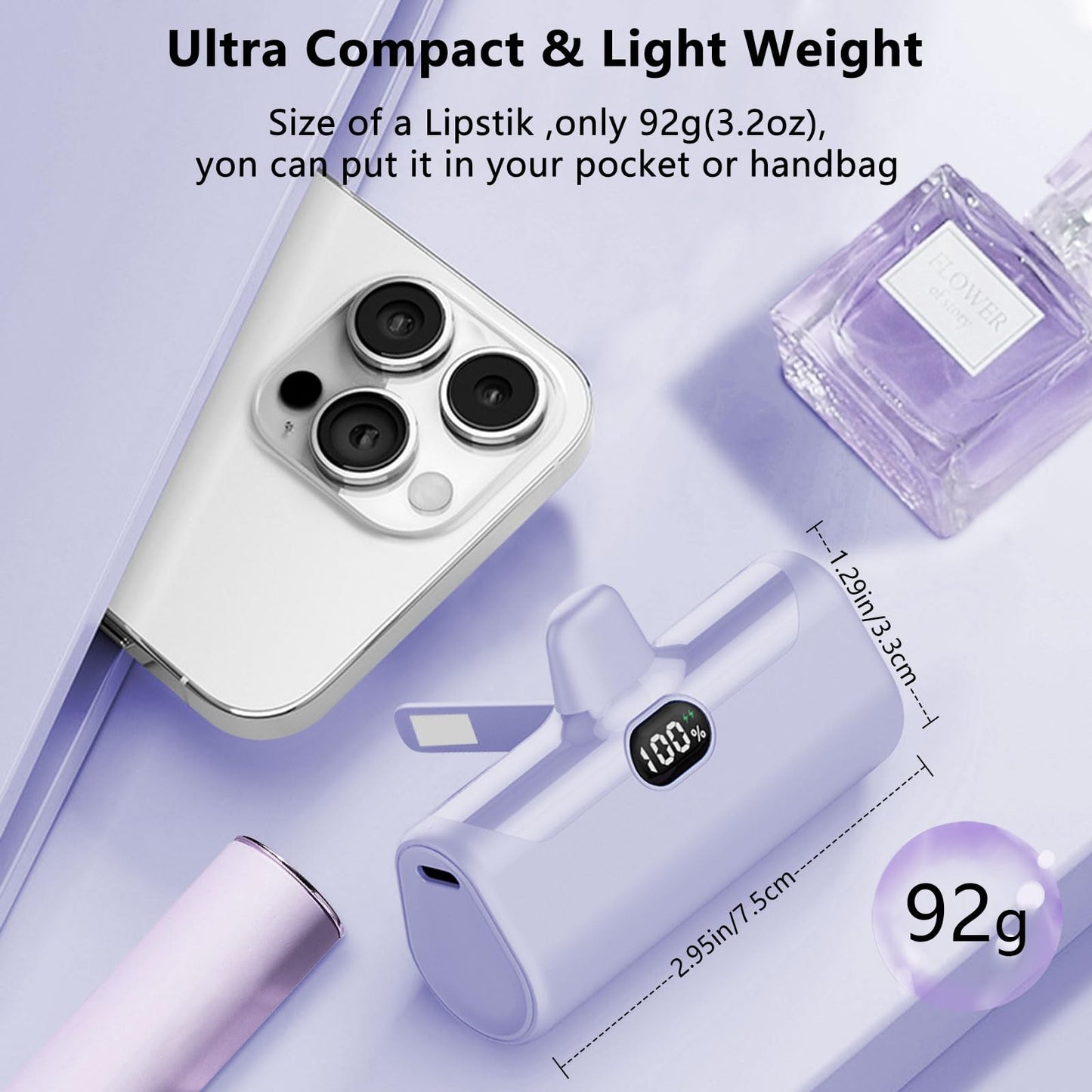 Luckyduo Mini Portable Charger For Iphone,5000Mah Ultra Compact Small Power Bank Built-In Phone Holder And Led Light,Lcd Display