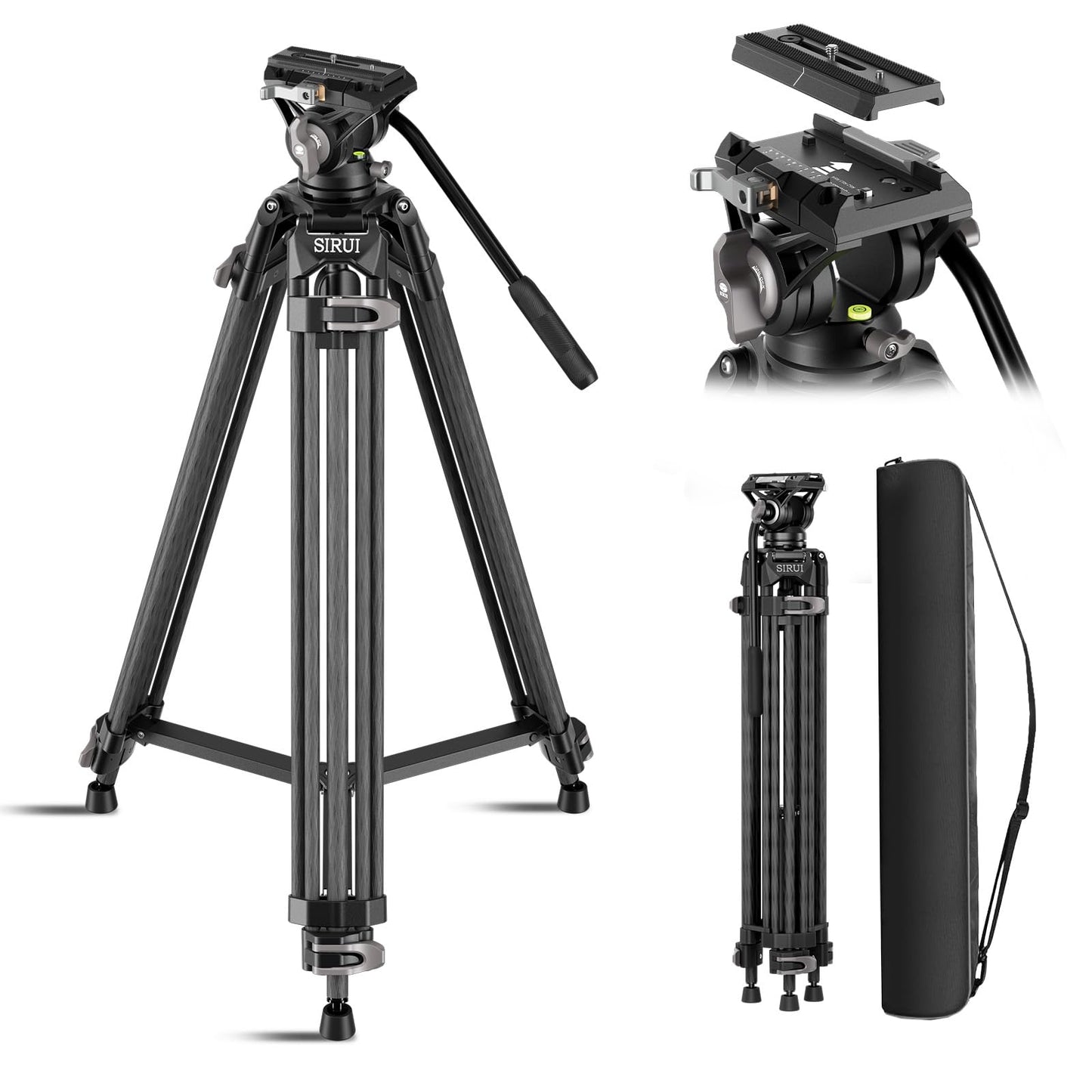 SIRUI Quick Release Carbon Fiber Video Tripod, 73" Heavy Duty Tripod with Fluid Head and One-Step QR Plate Locking System, Professional for DSLR Cameras Camcorders, Max Load 33lbs / 15kg, AVT-12