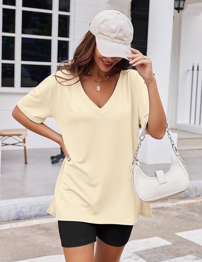 Ekouaer Womens Pajamas 2 Piece Lounge Sets Oversized V Neck T-Shirts Tops Biker Shorts Set Workout Reversible Tracksuit S-XXL