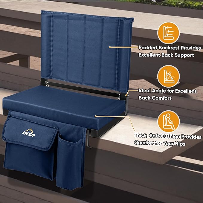 APEXUP Stadium Seats with Back Support, Portable Bleacher Seat with Large Pocket and Cup Holder, Wide Stadium Chair for Sports Events and Concerts