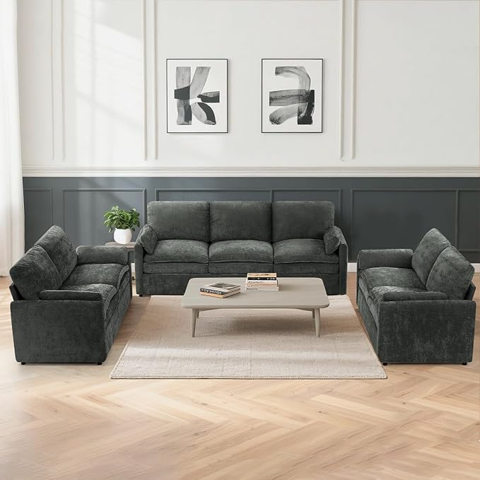 ACMEASE 3 Pieces Chenille Sofa Set w/Arm Pillows, Upholstered 2 Pieces Loveseat & 3 Seater Sofa w/Comfortable Back Cushions, Modern 2-Seat & 3-Seat w/High-Density Foam for Living Room, Grey