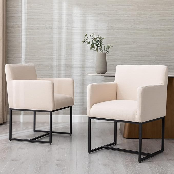 BESTANO Linen Upholstered Dining Chairs with Arms Set of 2 Mid Century Modern Accent Chairs Armchairs with Black Metal Frame, Modern Kitchen & Dining Room Chairs, Cream