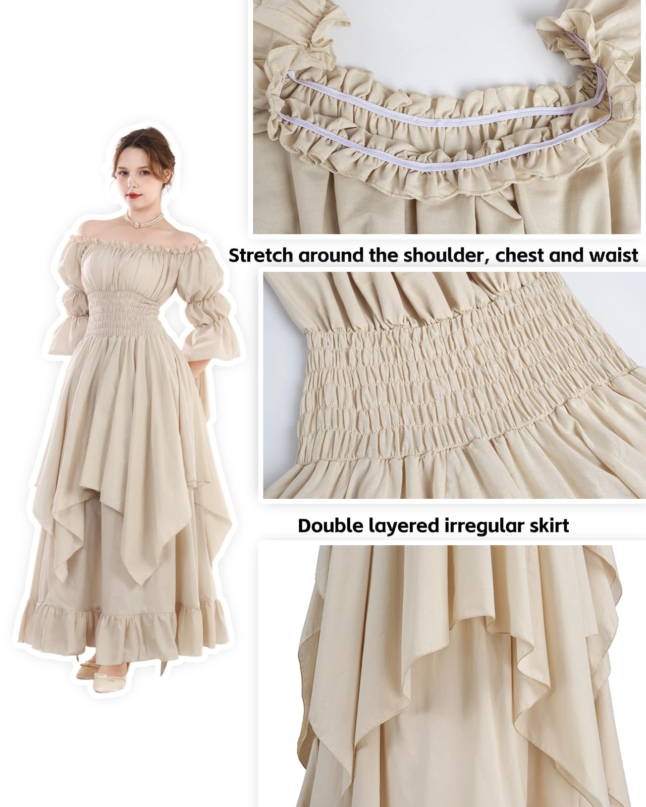 NSPSTT Victorian Dress Renaissance Costume Women Gothic Witch Dress Medieval Wedding Dress Beige S/M