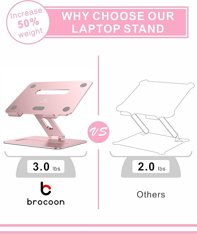 brocoon Adjustable MacBook Pink Laptop Stand for Desk | Ergonomic Aluminum Laptop Riser with Heat-Vent, Compatible for 10-17" Laptops, Rose Gold