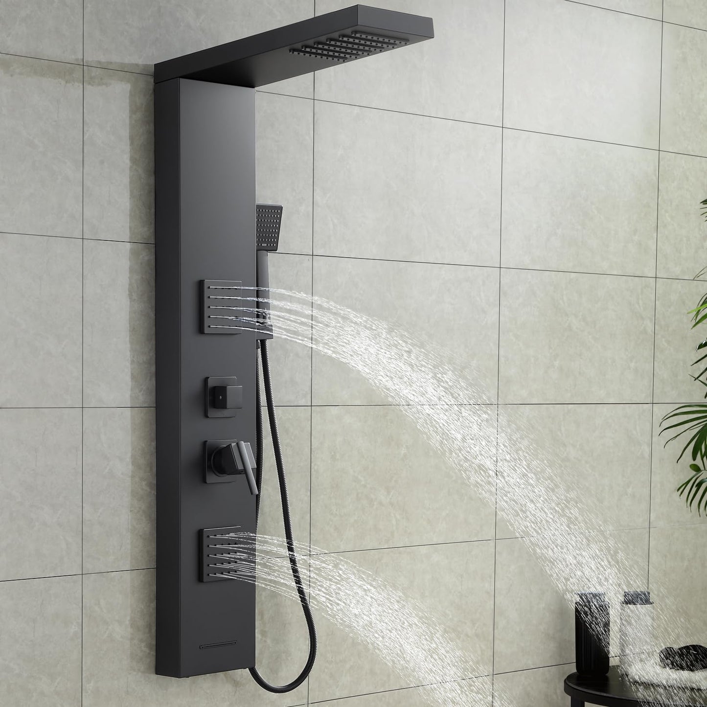 ROVOGO Shower Panel Tower System with High Pressure Shower Head, Body Jets, Handheld and Tub Spout, 46.5"H x 7.8"W Shower Column Stainless Steel with Mixer Valve, Black