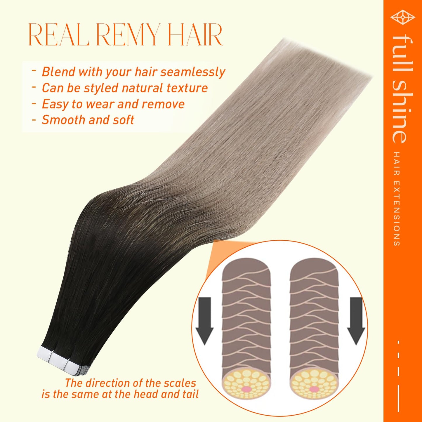 Full Shine Tape in Hair Extensions Human Hair 14 Inch Color 1B Off Black Fading to 18 Ash Blonde Tape in Hair Extensions Invisib