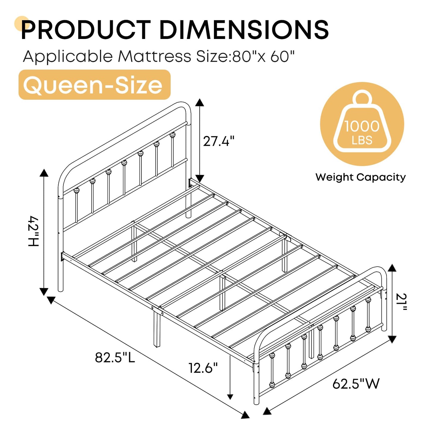 Chuangshuo Guard Queen Bed Frame-Classic Metal Platform Bed Frame Mattress Foundation with Victorian Style Iron-Art Headboard/Footboard/Storage Space/No Box Spring Needed/Black
