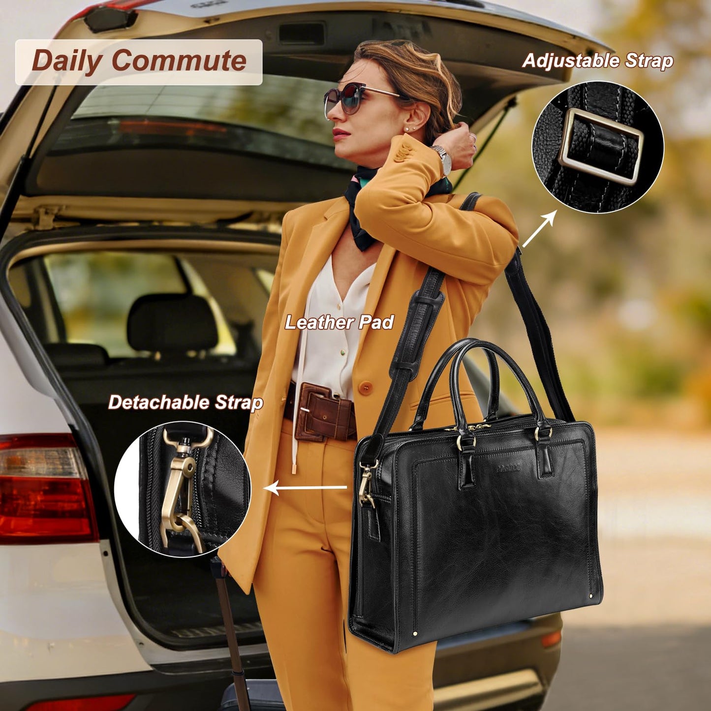Premium Italian Full Grain Leather Briefcase for Women 15.6 Inch Laptop Bag Office Work Business Travel with Luggage Strap and Detachable Shoulder Strap Black