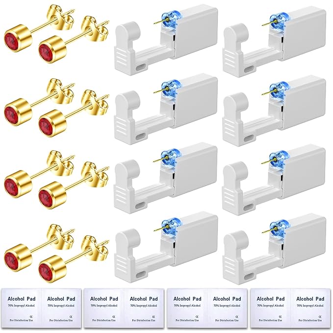 Get the Perfect Ear Piercing with 24 Pcs Premium Ear Piercing Kit - Includes 8 Red CZ Stones Earrings and 8 Easy-to-Use Self Ear Piercing Gun - Safe and Painless