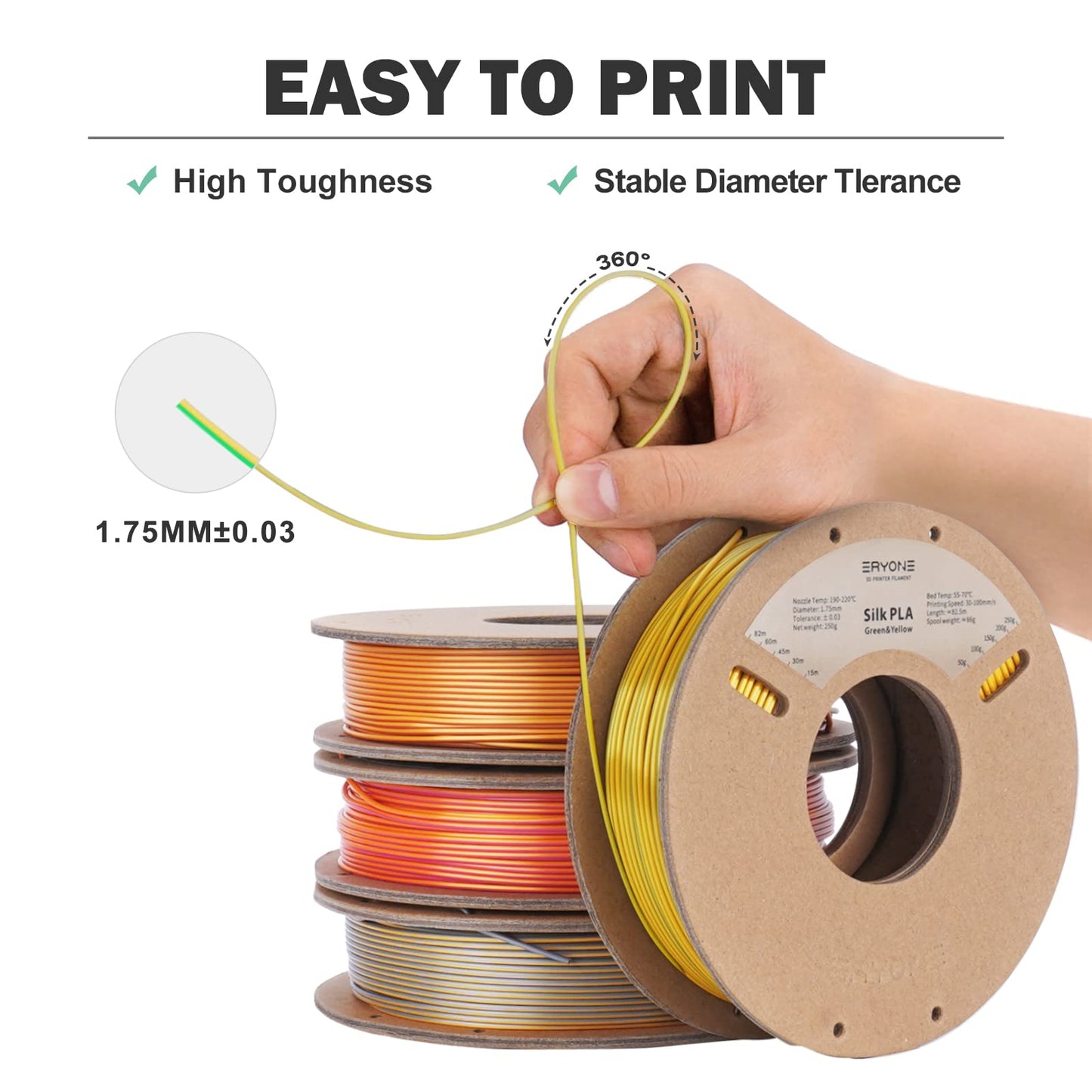 ERYONE Silk Dual Color Filament PLA 3D Printer 1.75mm +/- 0.03mm, Silk Coextrusion PLA Shiny Filament 0.25kg/Spools,4Pack(2.2lbs), Glod&Copper, Gold&Silver, Red&Glod, Yellow&Green