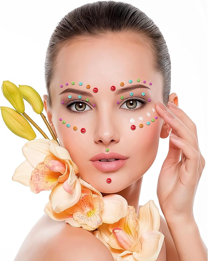 591pcs Face Gems Hair Gems Pearls, Self-Adhesive Face Jewels Eye Rhinestones 3/4/5/6/8 mm Face Gem Stick on, Halloween Makeup Gems Rave Accessories for Face Eyes Body Makeup (02.Color Pearl)
