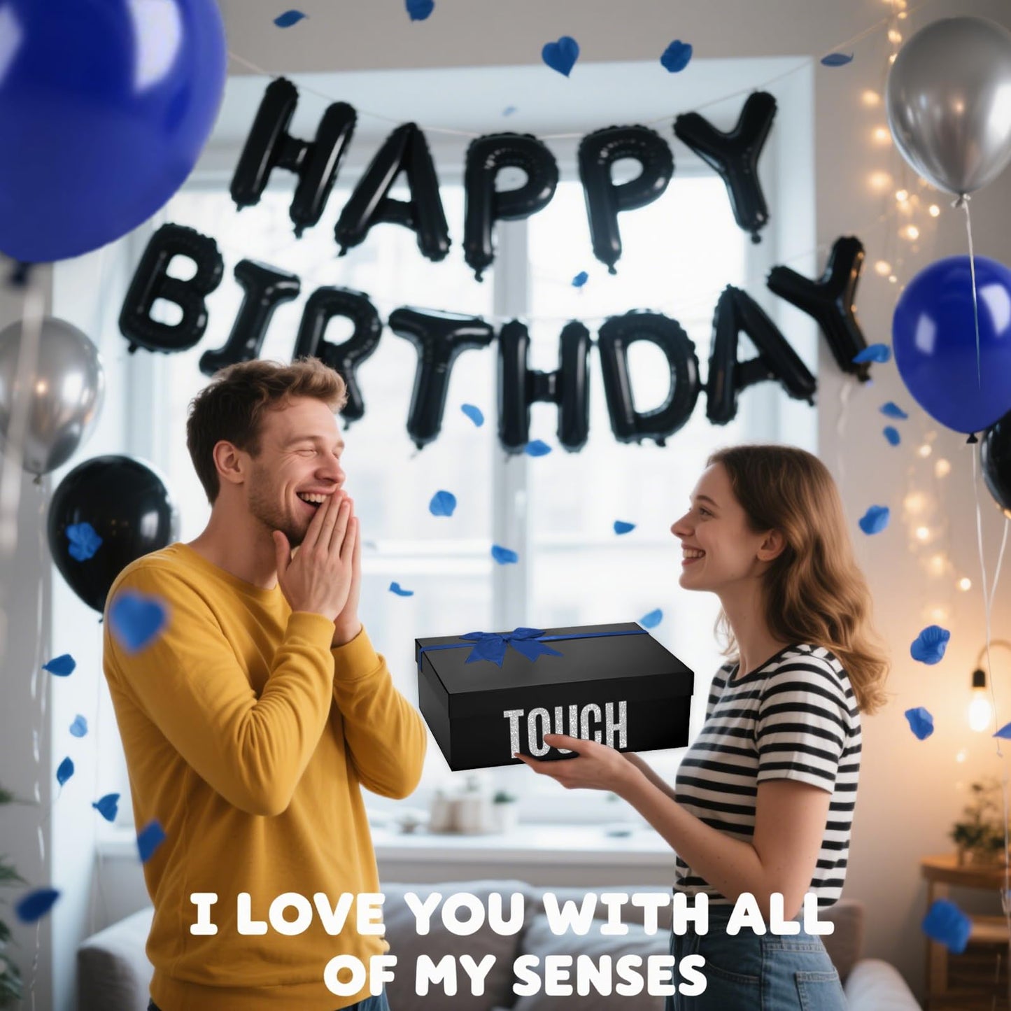 5 Senses Gift Boxes for Him Five Senses Gift Birthday Decorations Black Nesting Gift Boxes With Lids Happy Birthday Banner Balloon for Husband Boyfriend (Blue black)