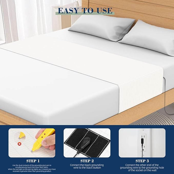 Grounding Mat for Bed 90% Organic Cotton+10% Pure Silver Fiber, Grounding Fitted Sheets for All Mattress Sizes, with Static grounding Cord and Test Pen(White, 105.4 * 23.5 inch)