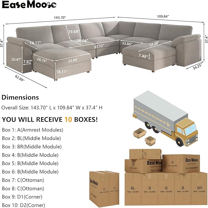 EASE MOOSE Oversized L Shaped Sectional Modular Sofa,Large U Shaped Sectional Couch Wide Deep Seat Modular Cloud Couch，Grey