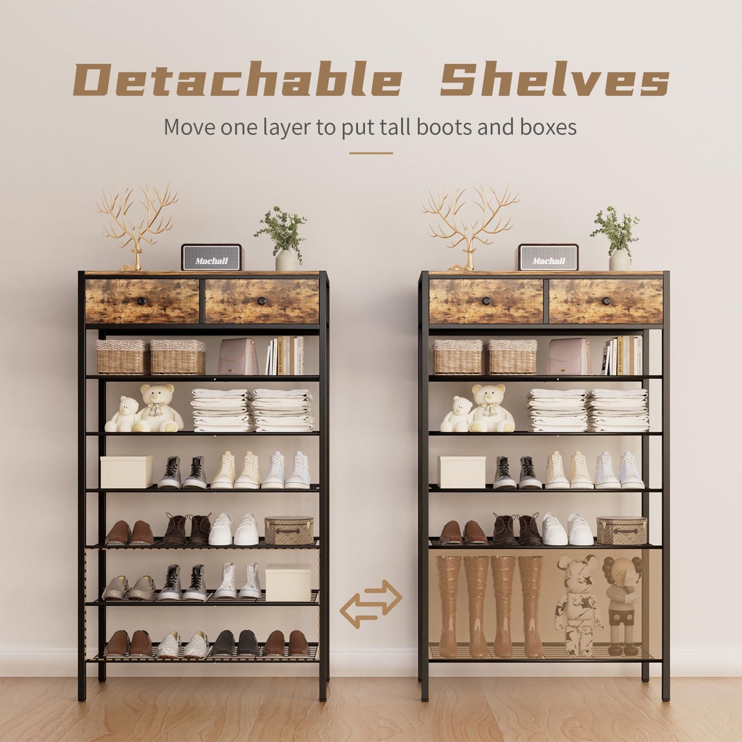 MILEFA 7 Tier Shoe Rack with 2 Drawers, Metal Shoe Organizer for 20 to 28 Pairs of Shoes, Shoe Stand with Steel Frame and Wooden Top, Shoe Shelf for Front Door Entrance, Closet, Rustic Brown