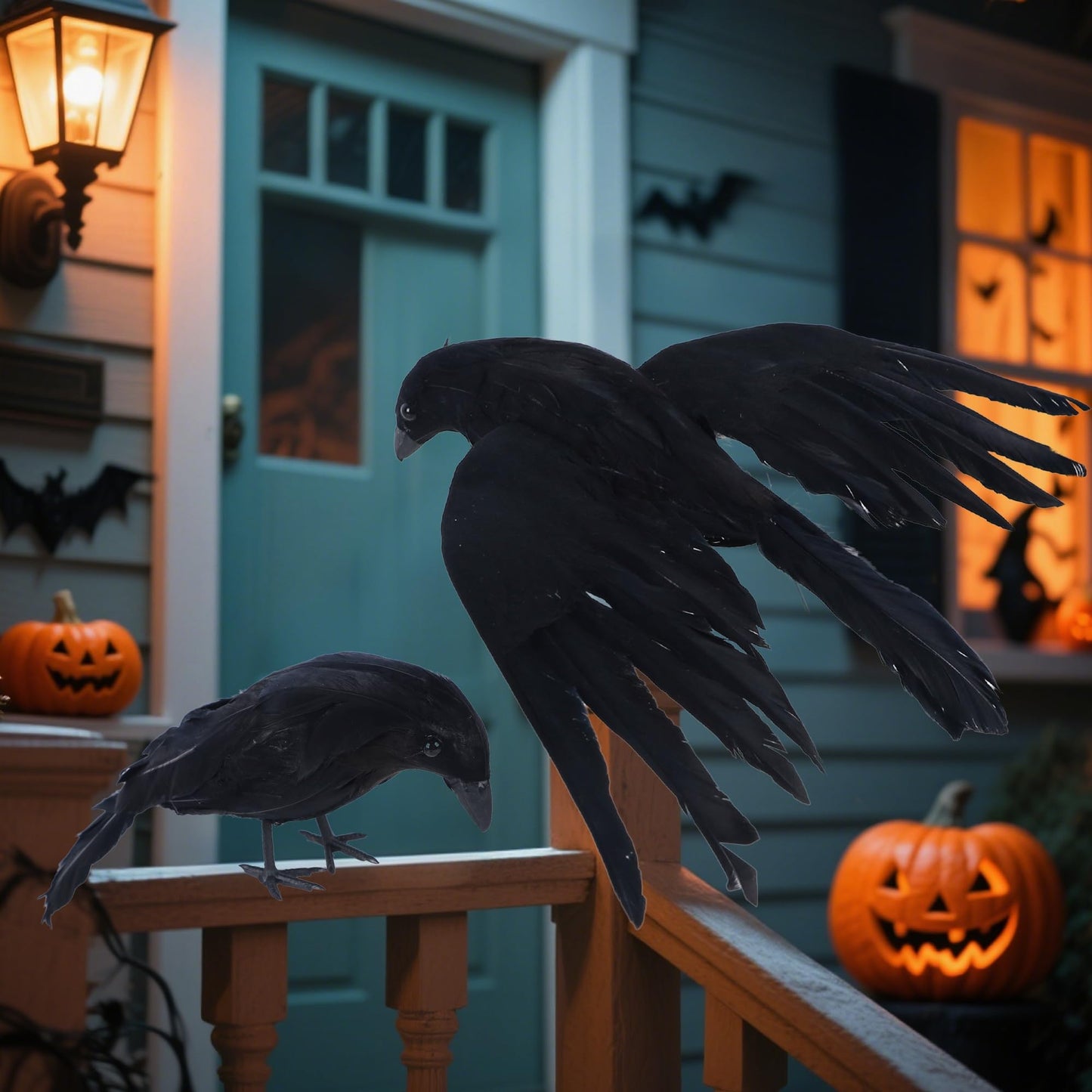 YOFIT Halloween Crows Decorations, 2 Pcs Extra Large Realistic Crows Artificial Ravens, Black Feather Birds Prop for Indoor Outdoor (17 Inch & 10 Inch)