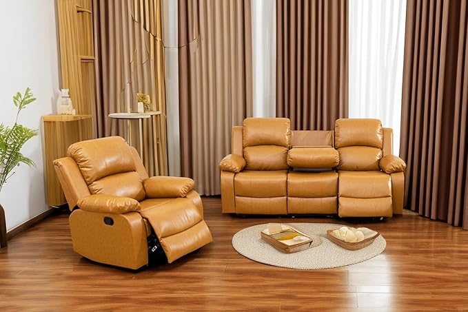 A Ainehome Living Room Furniture Set Leather Recliner Sofa Set Loveseat Chair Furniture Sofa Set for Living Room/Small Space/Rv/House/Office/Theater Seating (A-Ginger Leather, Sofa+Chairs)