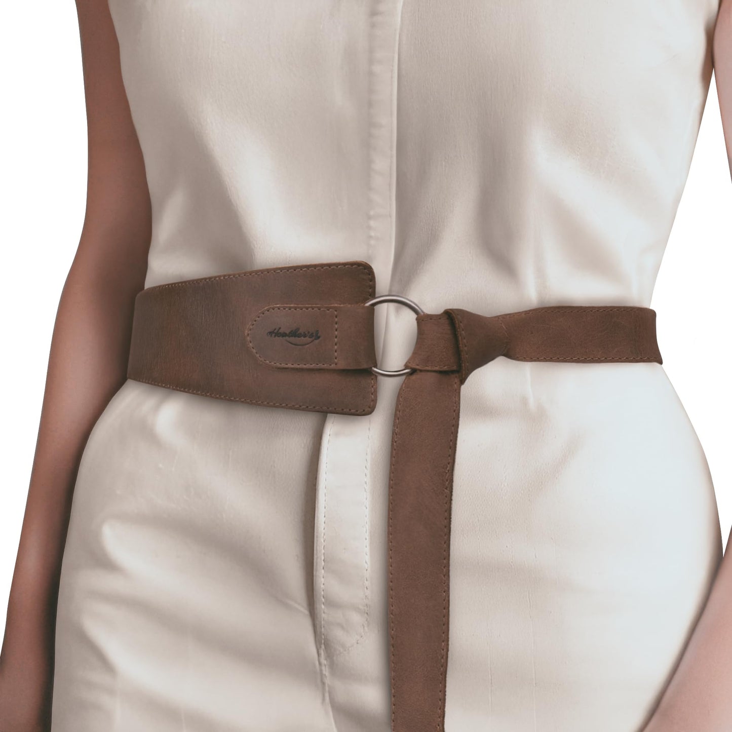Heather's, Formal Belt for Women with Ring, No-Buckle Belt, Waist Strap, Belly Accessory, Full Grain Leather, Handmade (Bourbon Brown)