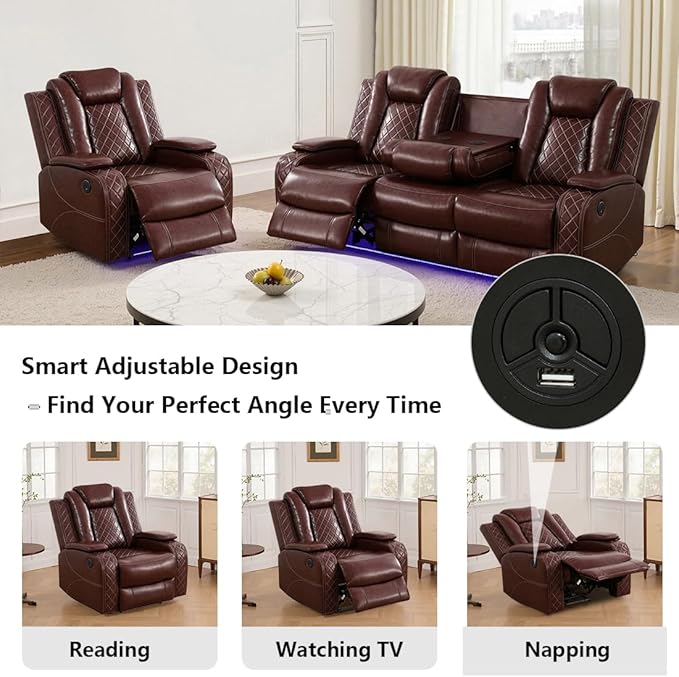 Toseslo Power Recliner Sofa Set with LED Light,Leather Sectional Sofa and Chair Set, Living Room Furniture Sets, Modern Power Reclining Sets with Storage Console for Living Room(Brown)