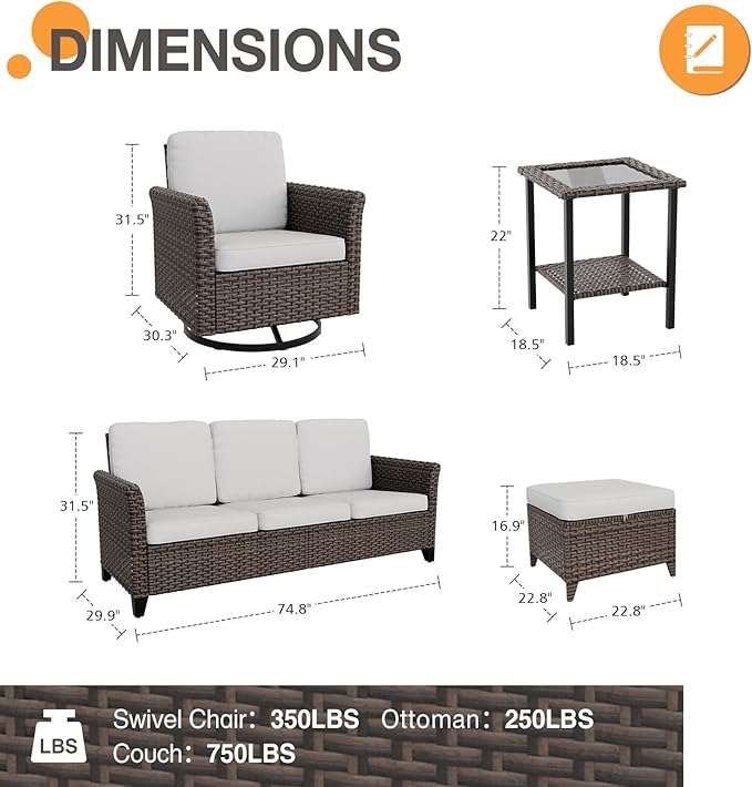COOS BAY Harbor Retreat 8 Piece Outdoor Furniture Set, Patio Conversation Set with 4 Swivel Rocking Chairs, 3 Seat Couch, Side Table & Ottomans, Wicker Furniture, Brown/Beige